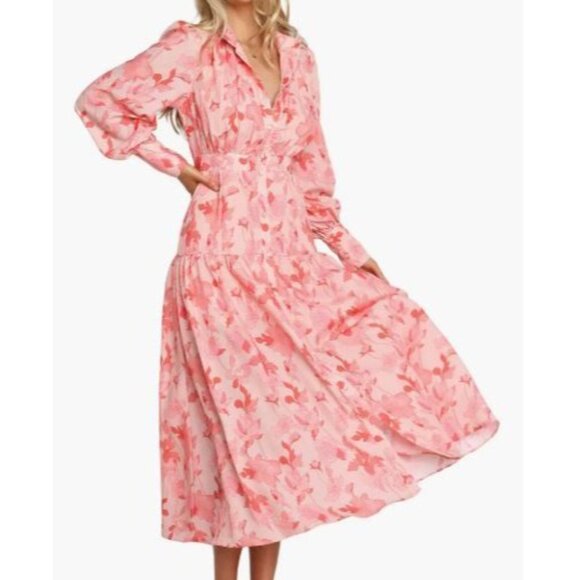 Petal & Pup Forever Print Pink Floral Tiered Midi Dress Long Sleeves Size 12 - Picture 10 of 11